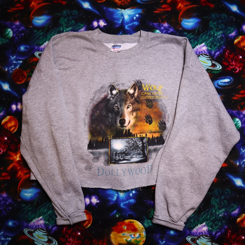 Vtg Wolf Dollywood Cropped Sweater XL